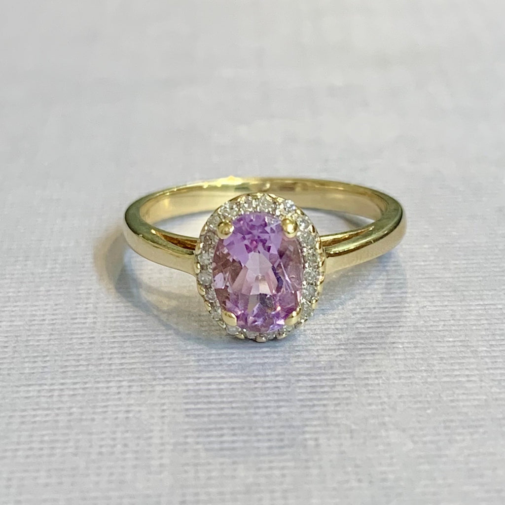 9ct Yellow Gold Amethyst and Diamond Halo Ring - R2851