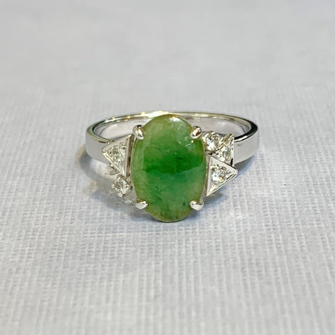 14ct White Gold Natural Jade and Diamond Ring - R2356