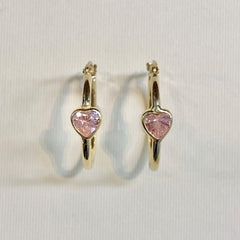 9ct Yellow Gold Hoops with Pink Cubic Zirconia Heart - G8676