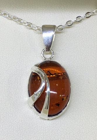 Sterling Silver Oval Genuine Amber Half Cage Design Pendant - G3714