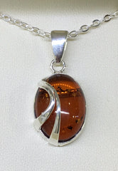 Sterling Silver Oval Genuine Amber Half Cage Design Pendant - G3714