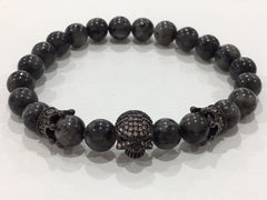 Black Bead Stretchy Bracelet With Crown And Cz Skull - G3914