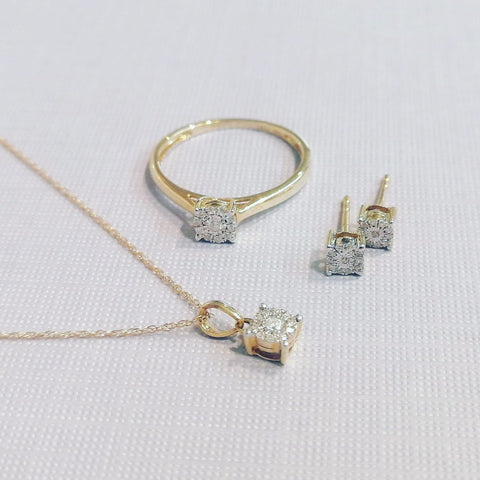 Petite 10ct Gold Diamond Earrings, Pendant and Ring Matching Set - G5799