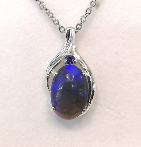Sterling Silver Solid Blue Opal and Cubic Zirconia Pendant - G7219