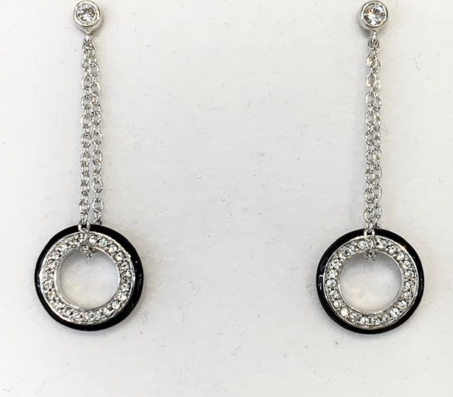Sterling Silver Rhodium Plated Black Resin Circle Chain Earrings with Cubic Zirconia - G5882