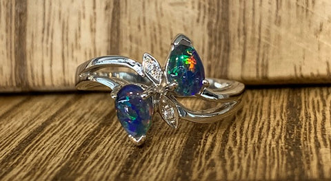Sterling Silver Double Pear Triplet Opal and Cubic Zirconia Ring - R2337