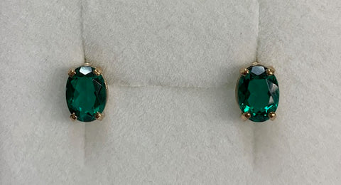 9ct Yellow Gold Oval Claw Set Created Emerald Stud Earrings - G1528