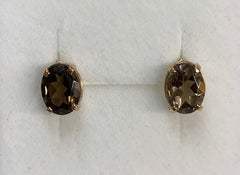 9ct Yellow Gold Oval Claw Set Smokey Quartz Stud Earrings - G1507
