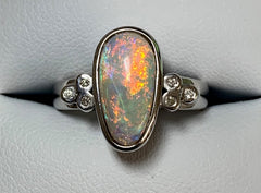 Sterling Silver Solid Diamond & Coober Pedy Tear Drop Crystal Opal Ring - R2152