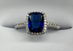 Sterling Silver Cushion Cut Created Sapphire and Cubic Zirconia Ring - R2141