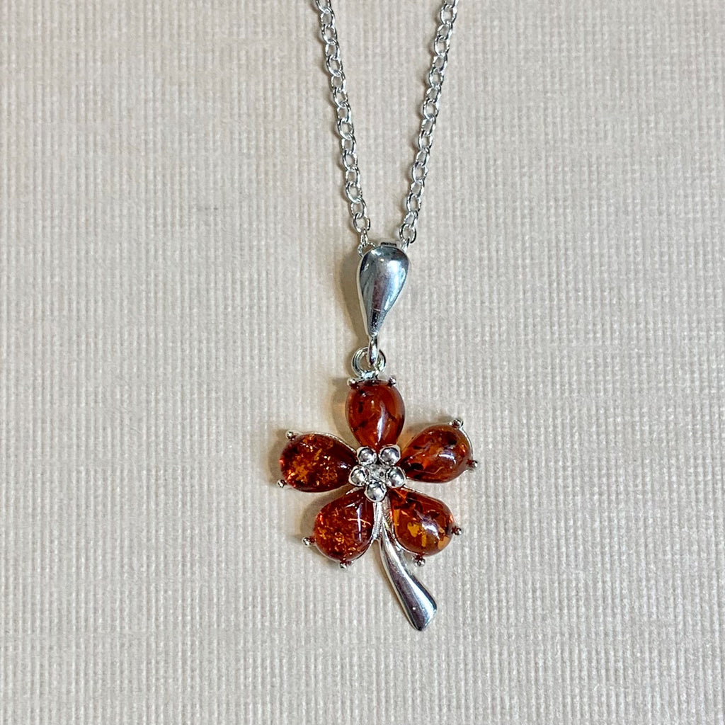 Sterling Silver 5-Stone Amber Flower Pendant - G8796
