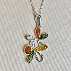 Sterling Silver Multi-coloured Amber Flower Pendant - G8793