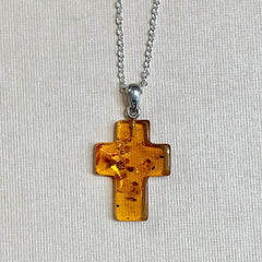 Sterling Silver Thin Amber Cross Pendant - G8791