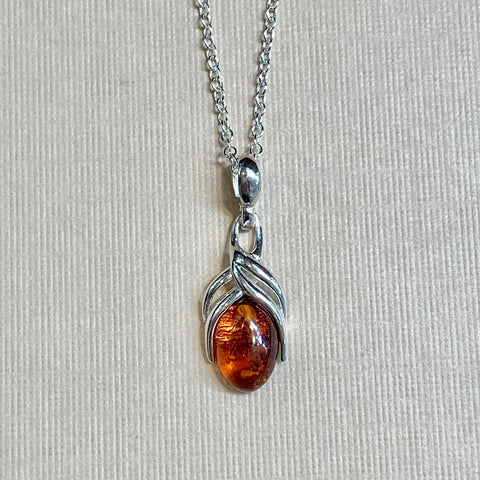 Sterling Silver Oval Amber Twist Pendant - G8799