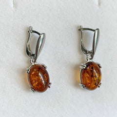 Sterling Silver Oval Amber Drop Earrings - G8778
