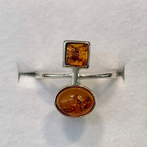Sterling Silver Square and Oval Amber Ring - G8765