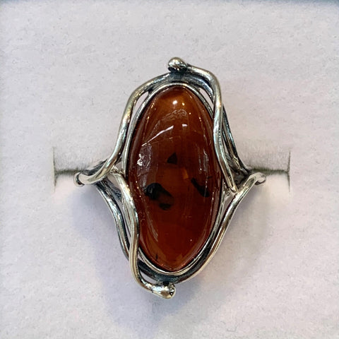 Sterling Silver Antique Style Amber Ring - G8761