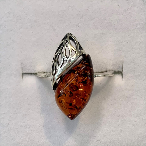 Sterling Silver Filigree Marquise Amber Ring - G8763
