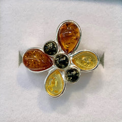 Sterling Silver Butterfly Multi-coloured Amber Ring - G8766