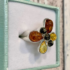 Sterling Silver Butterfly Multi-coloured Amber Ring - G8766