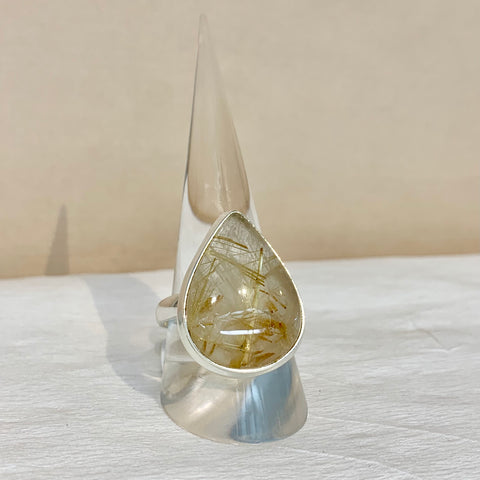 Sterling Silver Large Pear-Shaped Golden Rutilated Quartz Ring - G8555