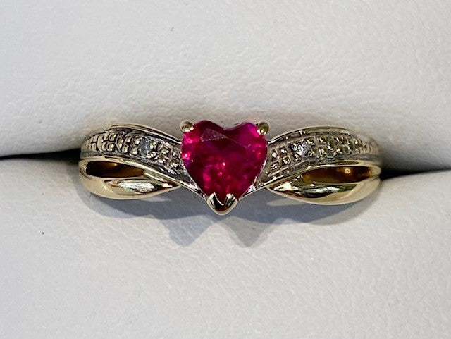 9ct Yellow Gold Heart Ruby and Diamond Cross Over Ring- R2694