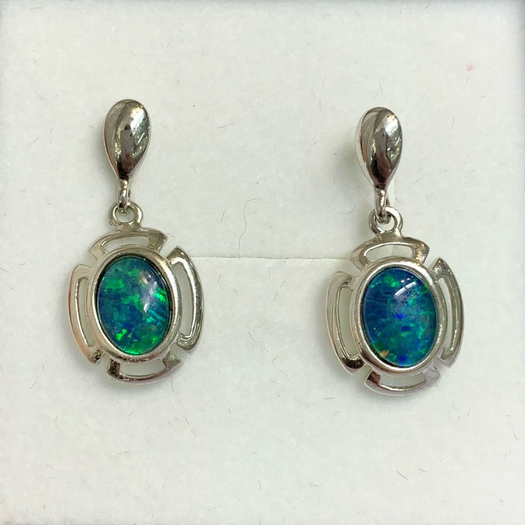 Sterling Silver Triplet Oval Opal Drop Earrings - G7295