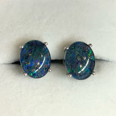 Sterling Silver Oval Blue-Green Triplet Opal Stud Earrings - G1907
