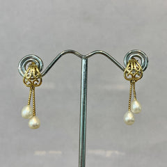 9ct Yellow Gold Filigree White Pearl Twisted Drop Earrings - P1172