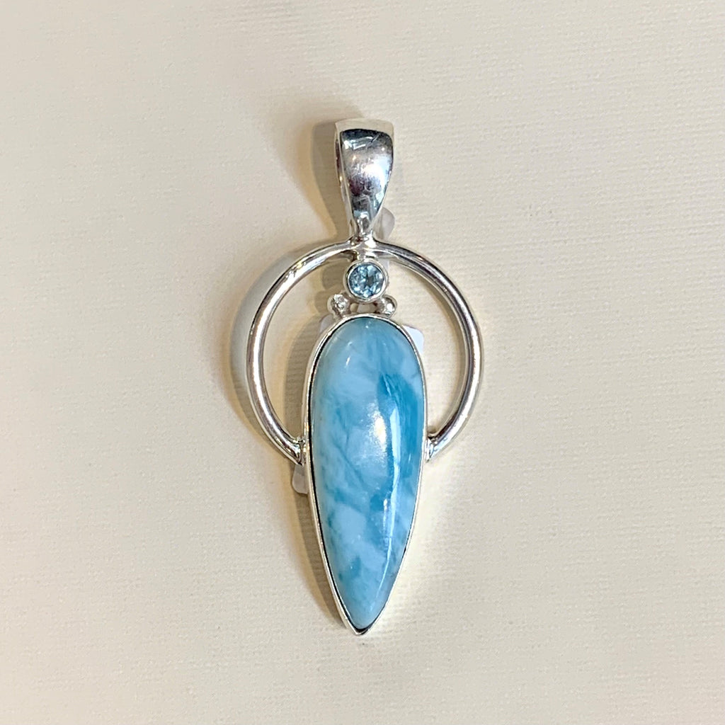 Sterling Silver Long Pear-Shape Larimar and Blue Topaz Pendant - G8529
